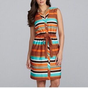 Alex Marie Sleeveless Button Front Waist Tie Mini Dress, Orange and Blue Size 10